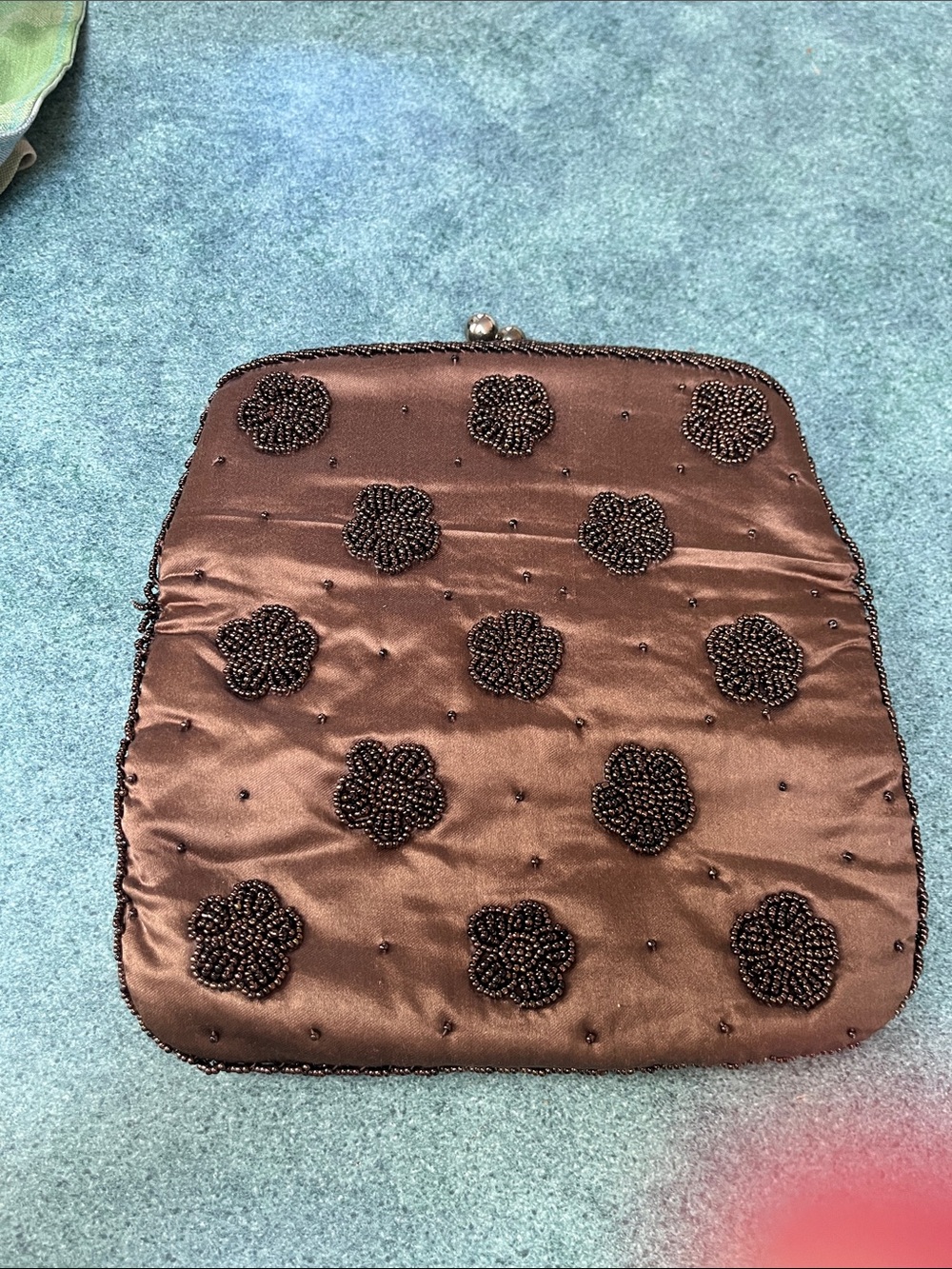 Vintage Brown Satin Beaded Evening Bag